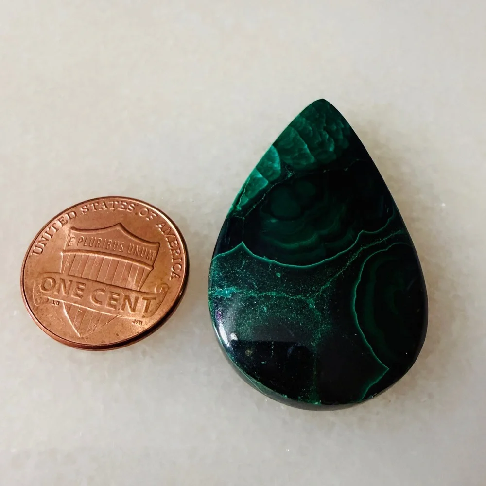 Deep Green Banded Malachite Tear Drop Cabochon - Professional Grade Specimen